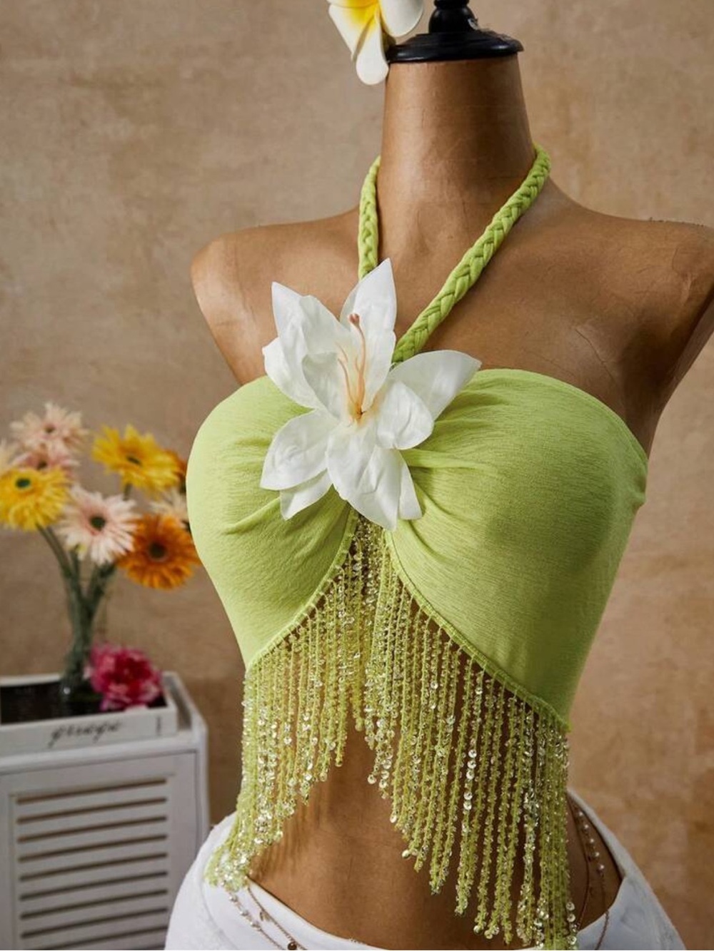 Women’s Lime Green Beaded Halter Top